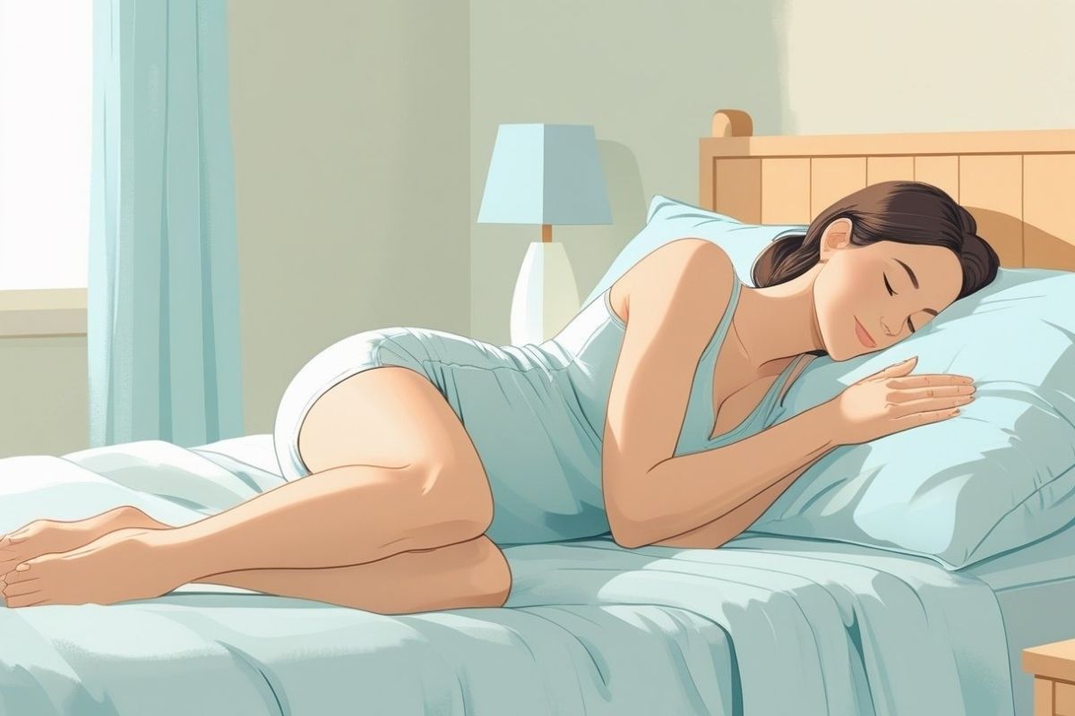 Woman sleeping on her side with knees slightly bent, demonstrating a recommended sleeping position for relieving period cramps