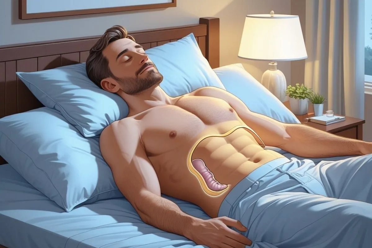 Best Sleeping Position for Nocturia: Improve Nighttime Comfort Man sleeping comfortably with bladder anatomy highlighted to explain nighttime urination and sleep posture