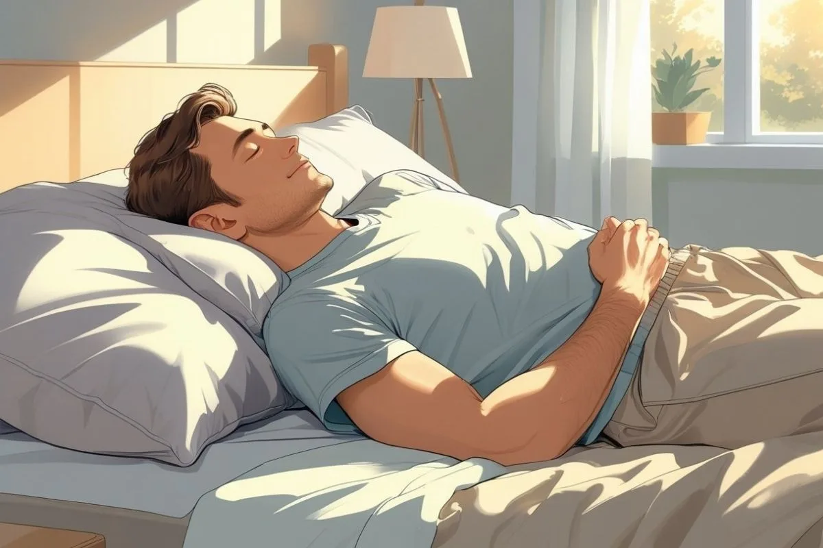 Best Sleeping Position for Nocturia: Improve Nighttime Comfort Person sleeping on their back in a neutral position to reduce nighttime bathroom trips from nocturia