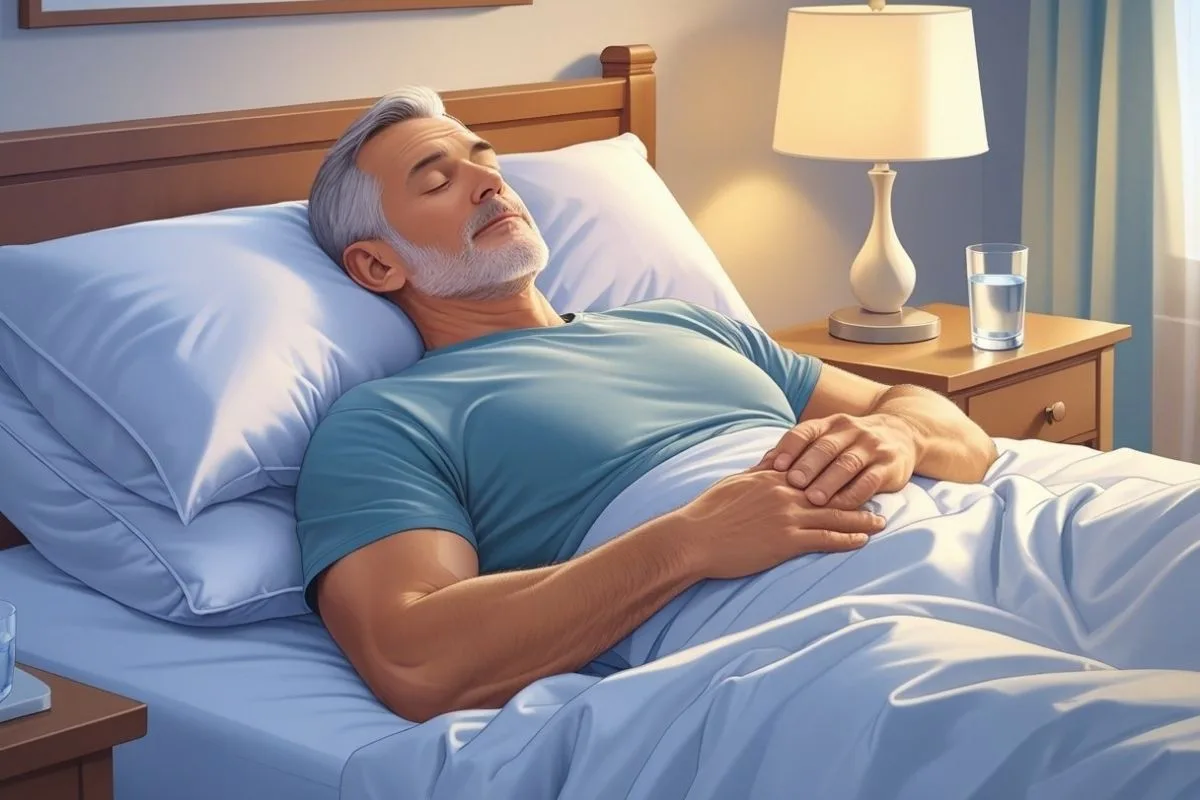 Best Sleeping Position for Nocturia: Improve Nighttime Comfort Older adult sleeping peacefully in a supportive back sleeping position for improved nighttime bladder comfort