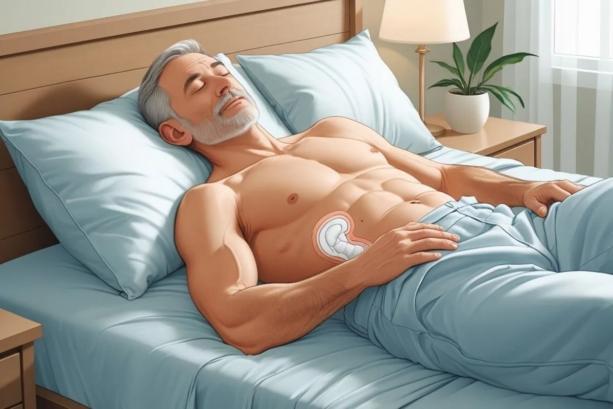 Older man sleeping on his back with bladder illustration showing the best sleeping position for nocturia