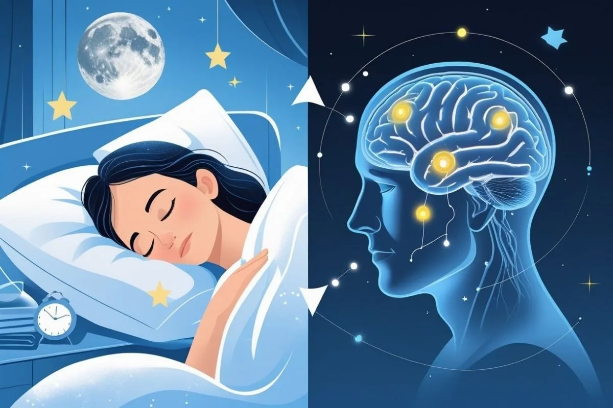 Can You Sleep with a Concussion? Is It Safe? Sleeping person alongside a brain illustration, demonstrating the relationship between sleep and neurological recovery after head injury