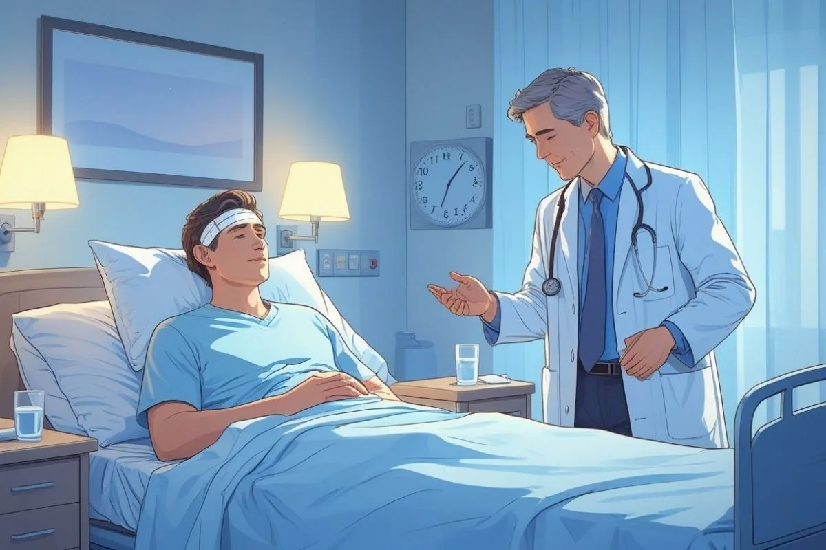 Can You Sleep with a Concussion? Is It Safe? Doctor checking on a patient recovering from a concussion, emphasizing the importance of medical guidance before returning to normal sleep routines