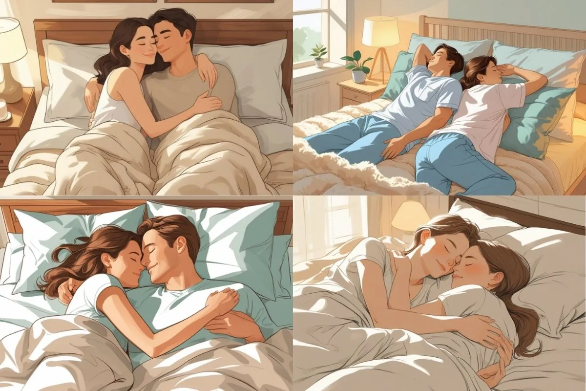 Couple Sleeping Positions: 15 Common Sleep Postures and Their Meanings Comparison of couple sleeping positions, including cuddling and back-to-back postures