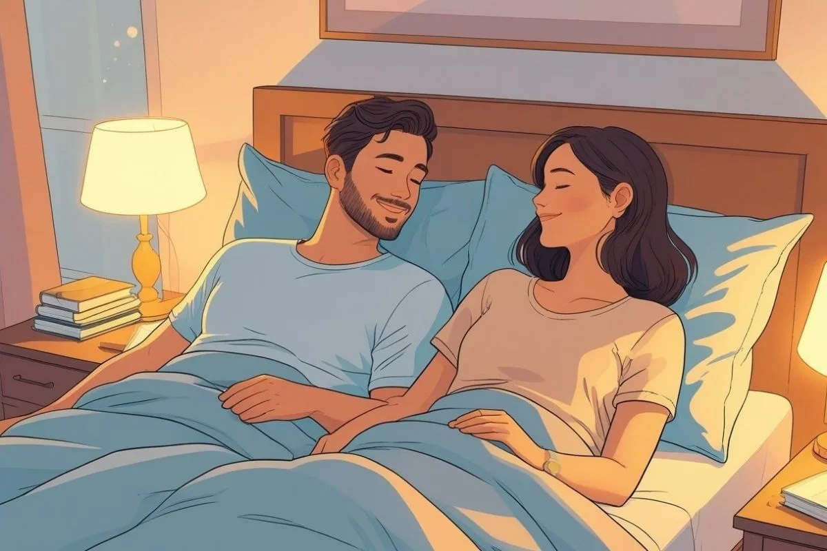 Couple Sleeping Positions: 15 Common Sleep Postures and Their Meanings Couple lying awake together in bed before falling asleep, highlighting shared bedtime routines