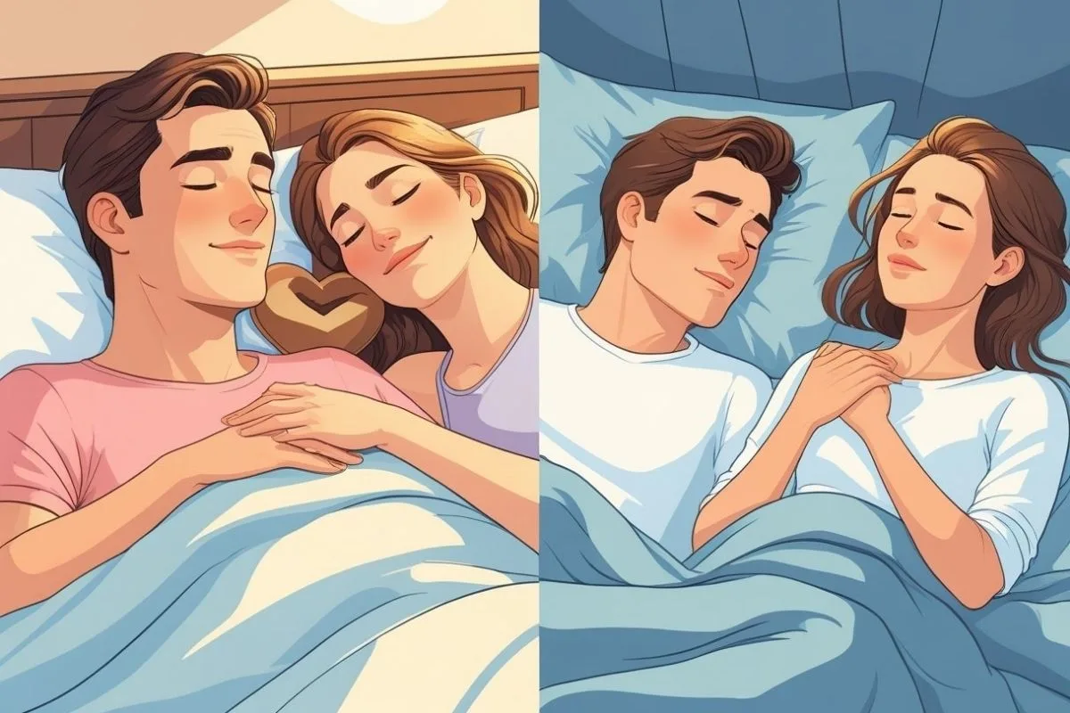 Couple Sleeping Positions: 15 Common Sleep Postures and Their Meanings Comparison of spooning and independent sleeping positions for couples sharing a bed