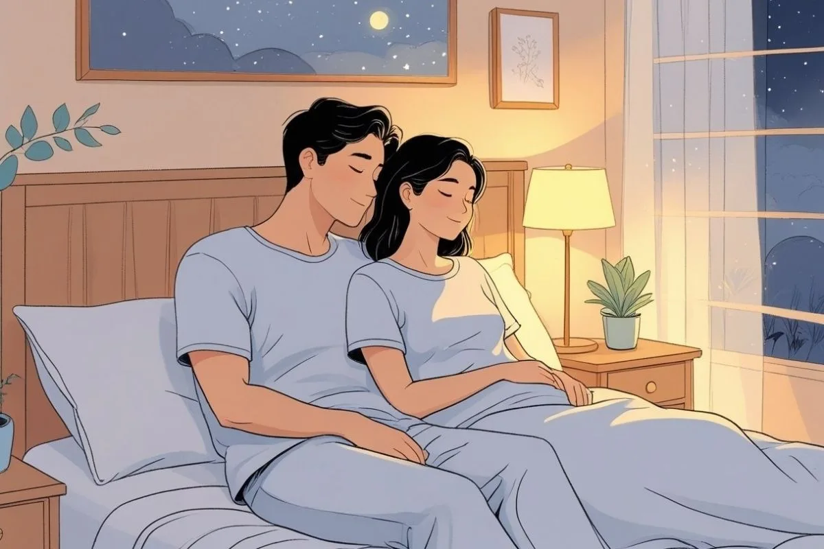 Couple Sleeping Positions: 15 Common Sleep Postures and Their Meanings Couple sitting together in bed before sleep, emphasizing relaxation and emotional connection at bedtime