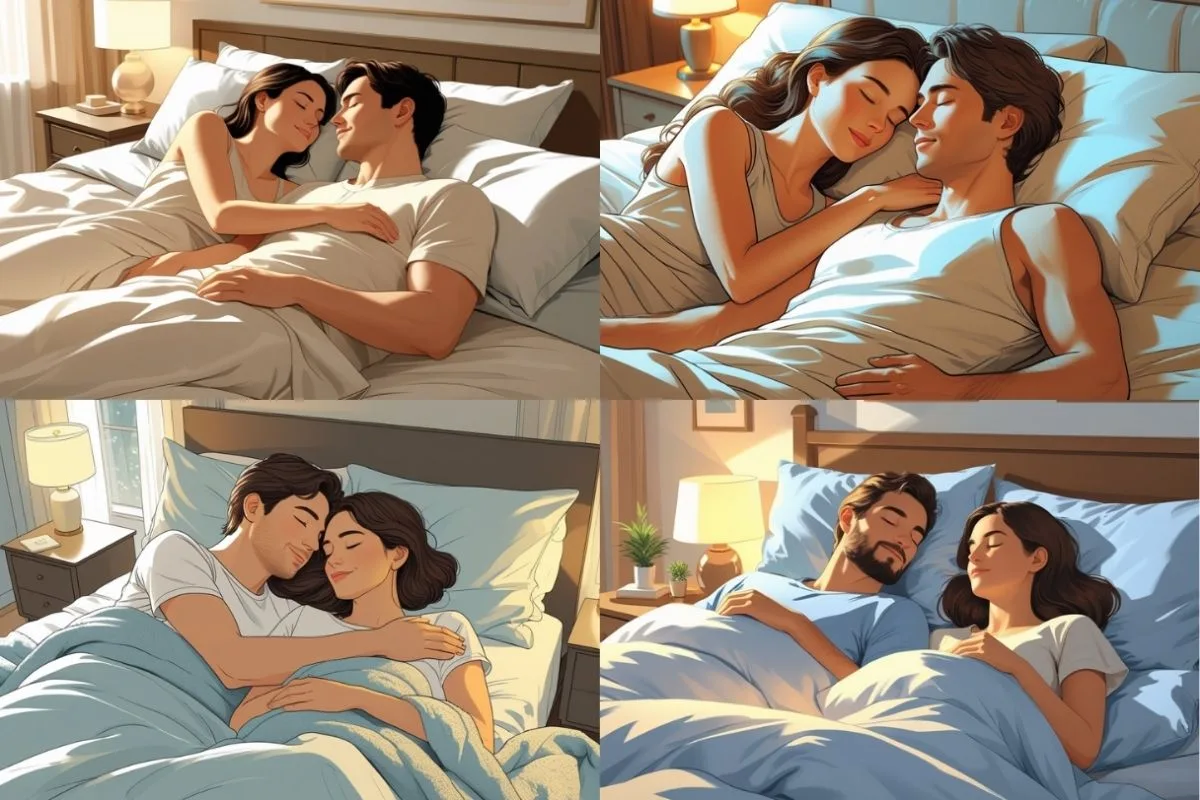 Illustration of common couple sleeping positions showing different ways partners sleep together