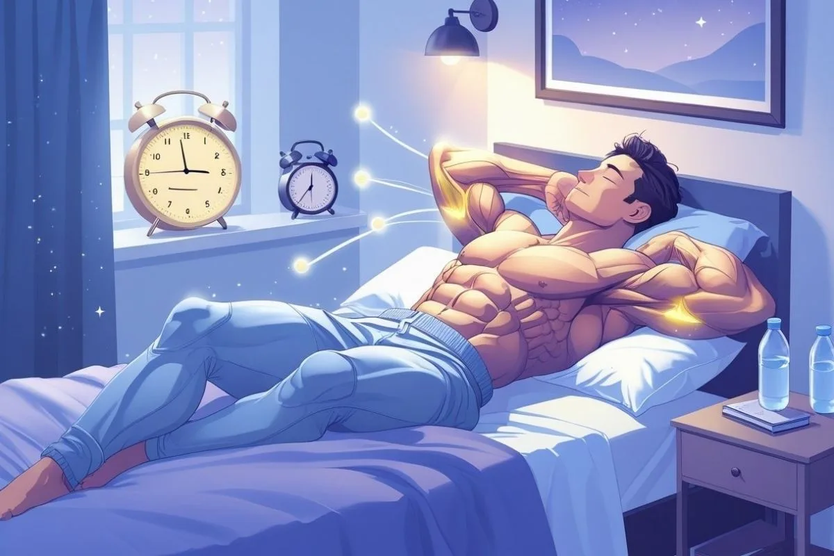 How Important Is Sleep for Muscle Growth: Unlocking the Power of Rest Muscular man resting in bed, representing the role of sleep duration and recovery hormones in supporting muscle development