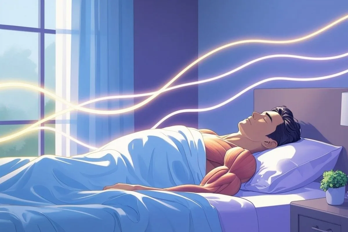 How Important Is Sleep for Muscle Growth: Unlocking the Power of Rest Sleeping individual with energy waves and muscle imagery, illustrating how restorative sleep helps rebuild muscle tissue after workouts