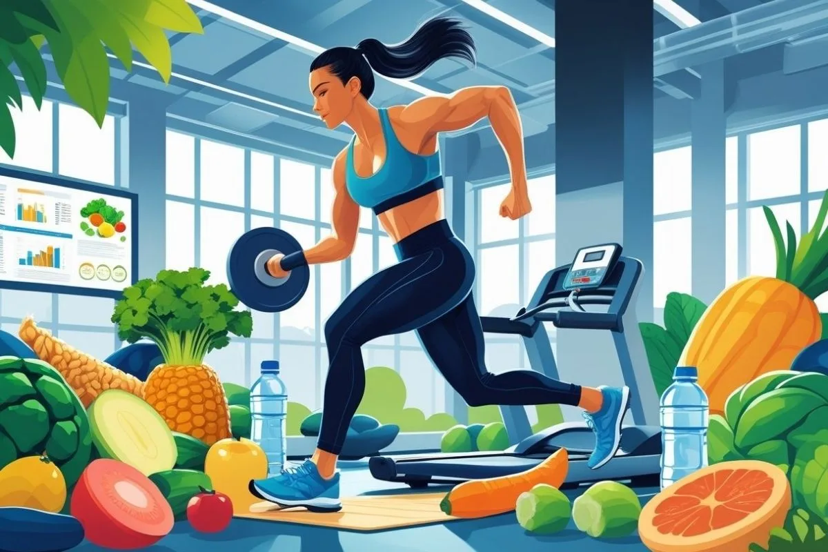 How Important Is Sleep for Muscle Growth: Unlocking the Power of Rest Fitness and nutrition concept featuring exercise equipment and healthy foods, highlighting the combined role of sleep, diet, and training in muscle growth