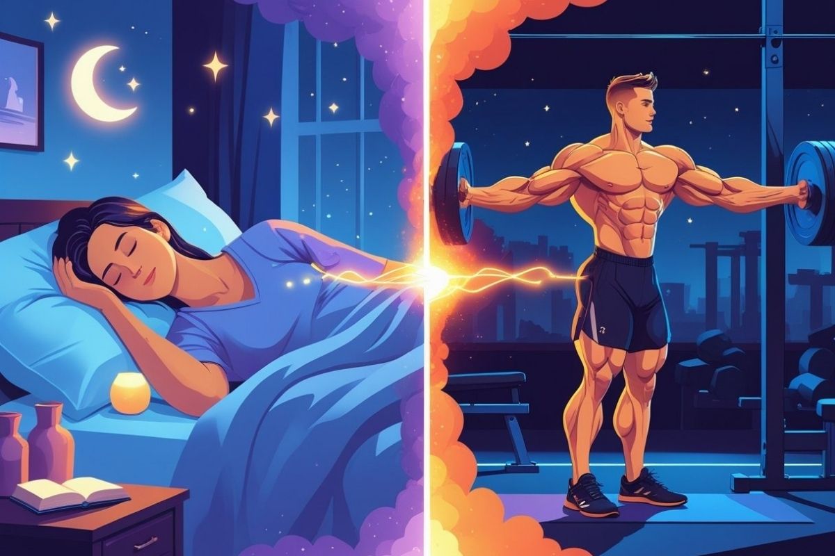 Illustration showing the connection between quality sleep and muscle growth, highlighting how overnight recovery supports strength and fitness gains
