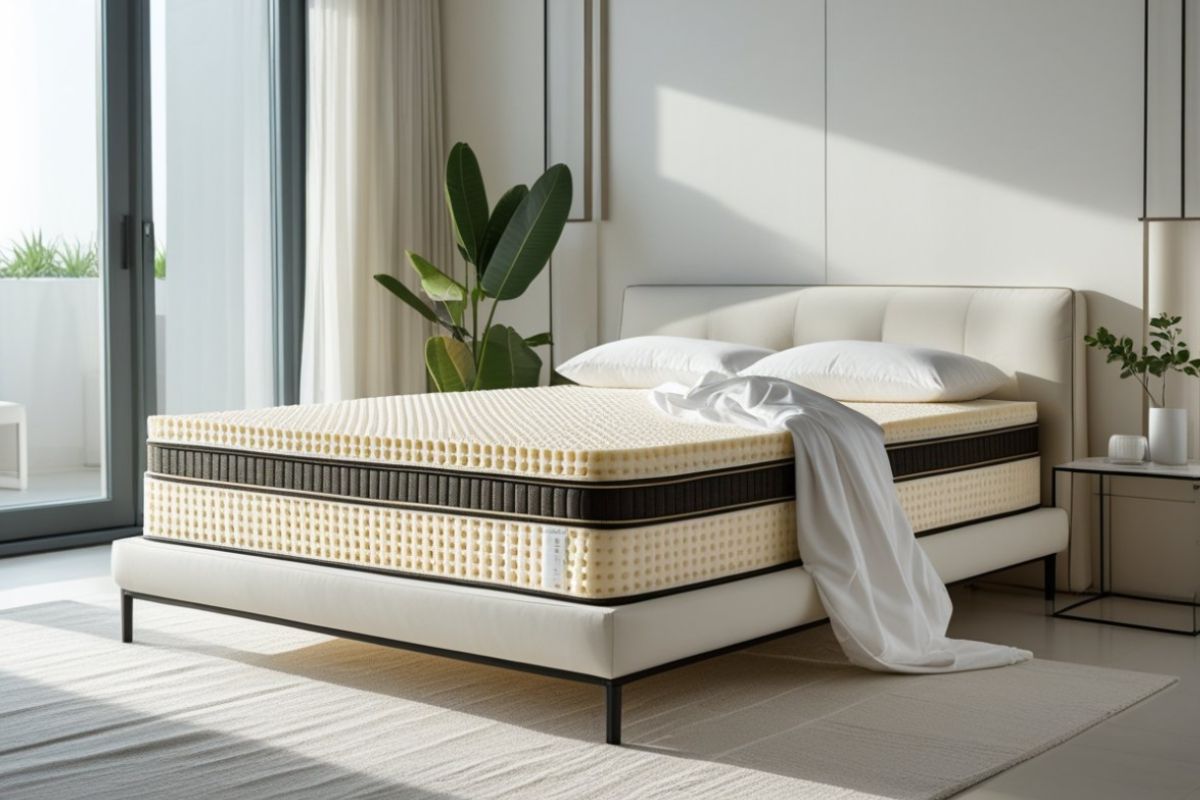 Latex mattress displayed in a modern bedroom, illustrating the durable construction and long lifespan that make latex mattresses a long-term sleep investment