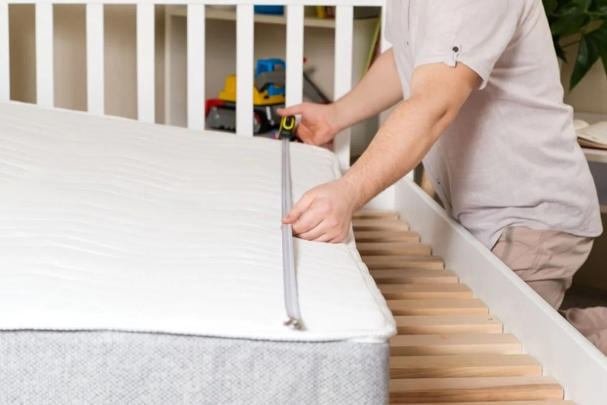 How to Cut a Latex Mattress? Marking a latex mattress with a measuring tape before trimming it to fit a bed frame