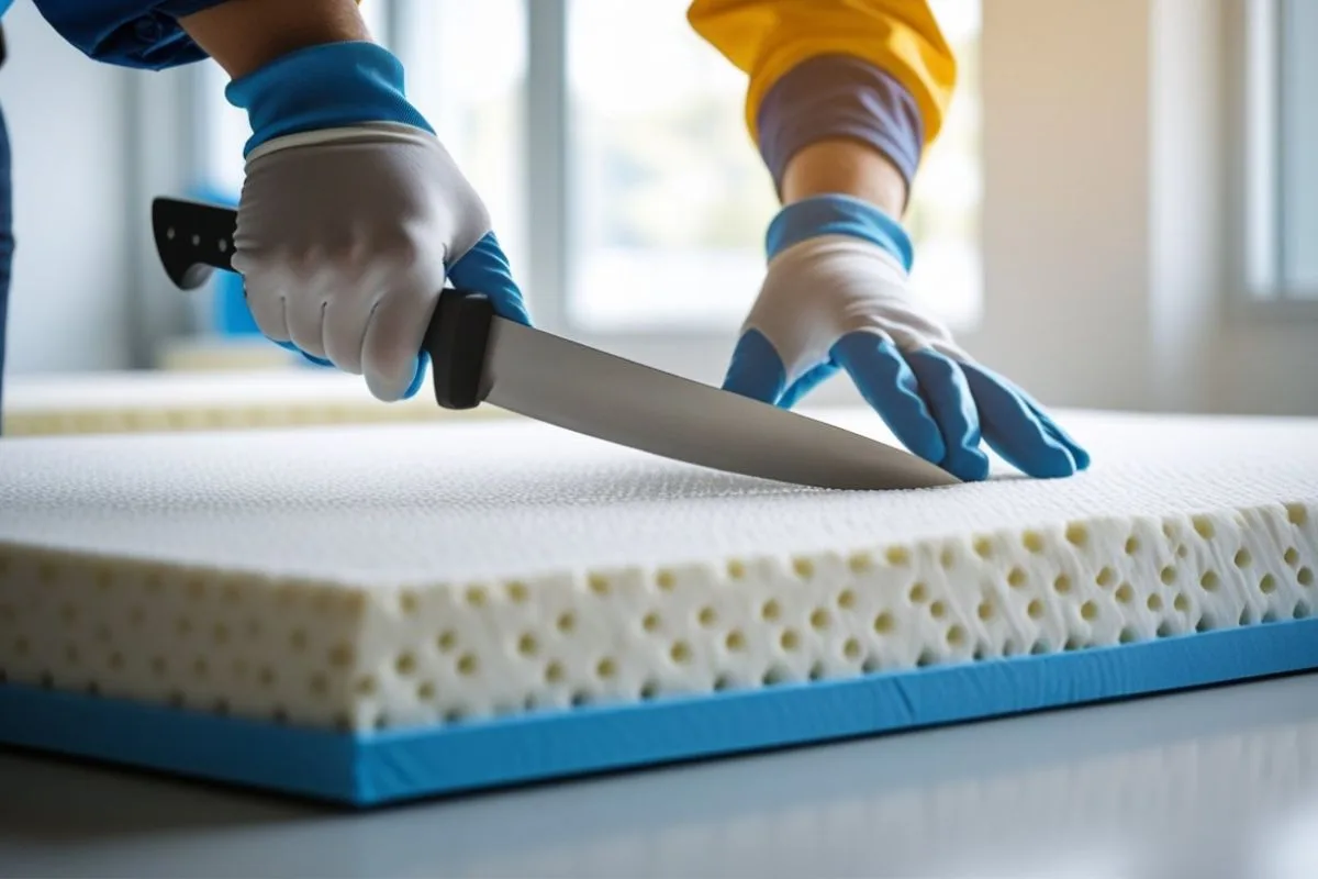 Using a sharp knife to cut a latex mattress foam layer safely and accurately