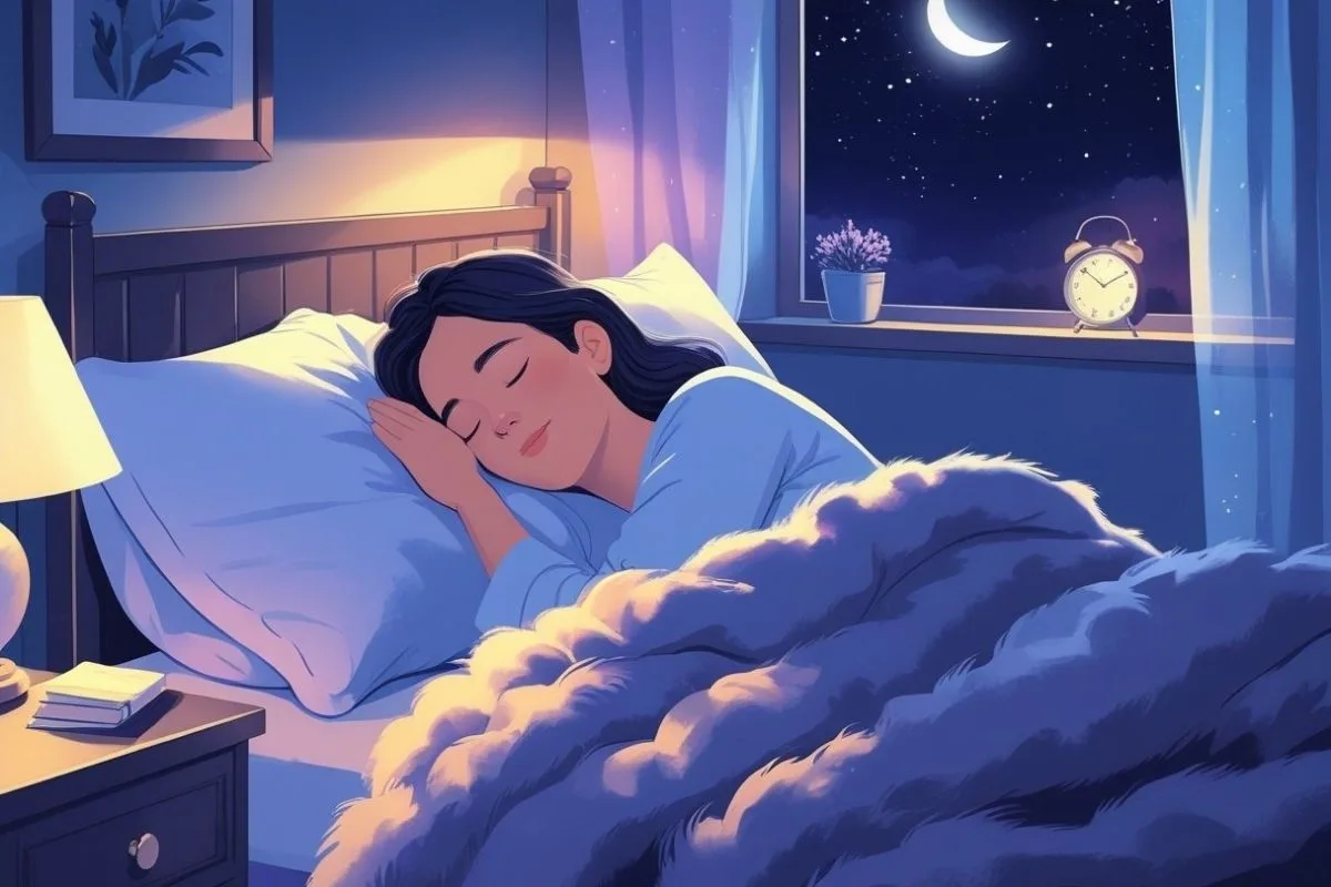 How to Fall Asleep Fast: Expert Tips and Techniques for Better Sleep Woman sleeping peacefully beside a bedside lamp and clock, illustrating healthy bedtime habits