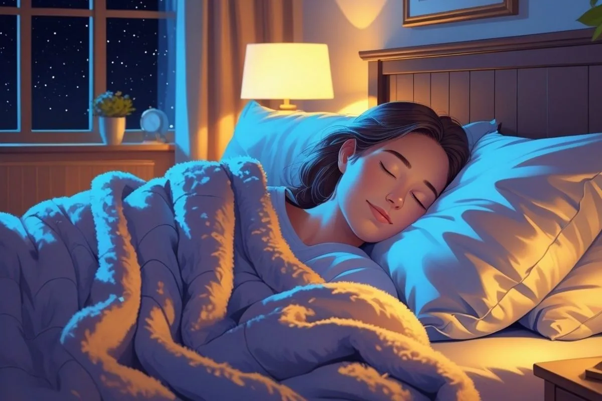 Person sleeping peacefully under a cozy blanket in a relaxing bedroom to promote falling asleep faster