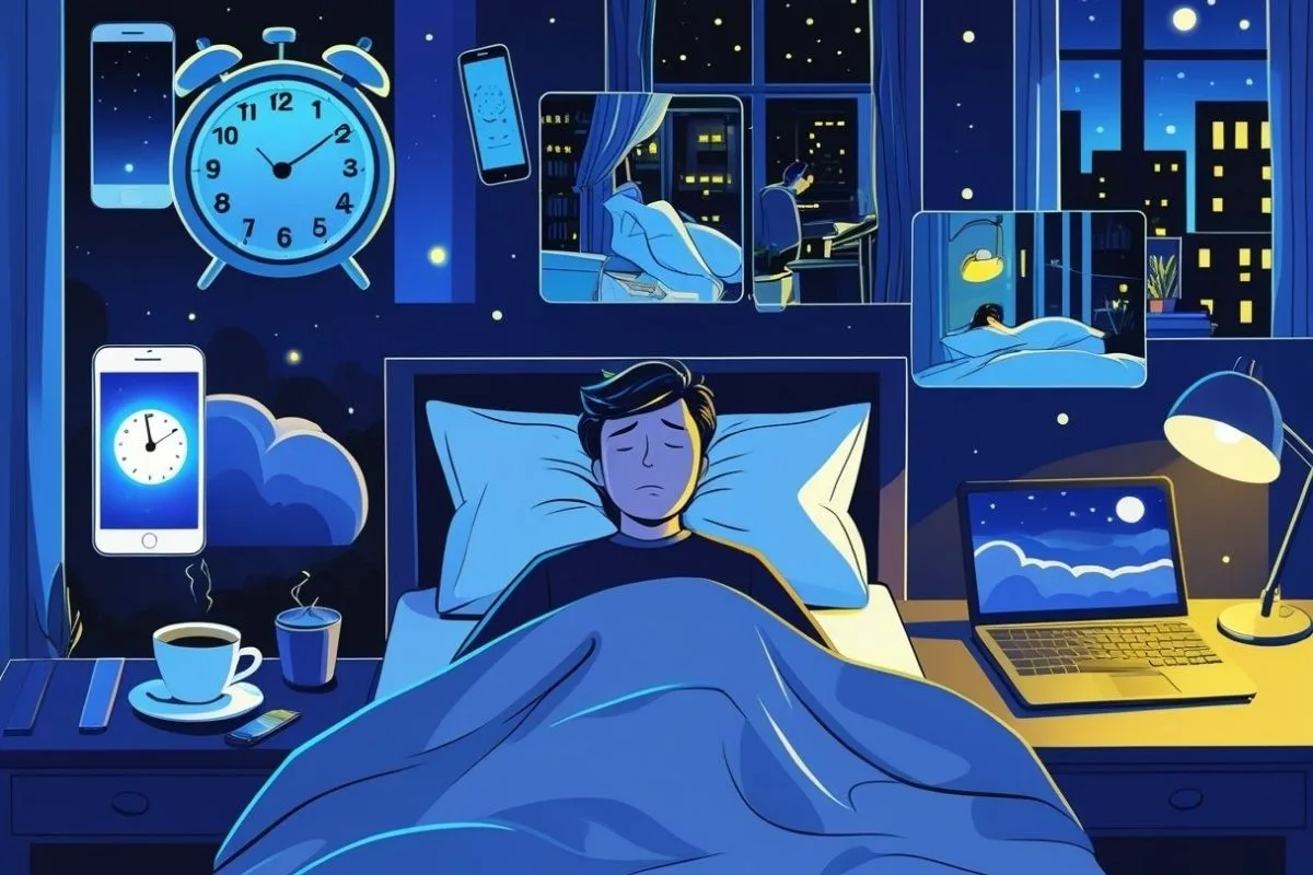 How to Fix Your Sleep Schedule: Effective Strategies for Better Rest Person struggling to sleep surrounded by devices and distractions, highlighting common causes of poor sleep habits and schedule disruption