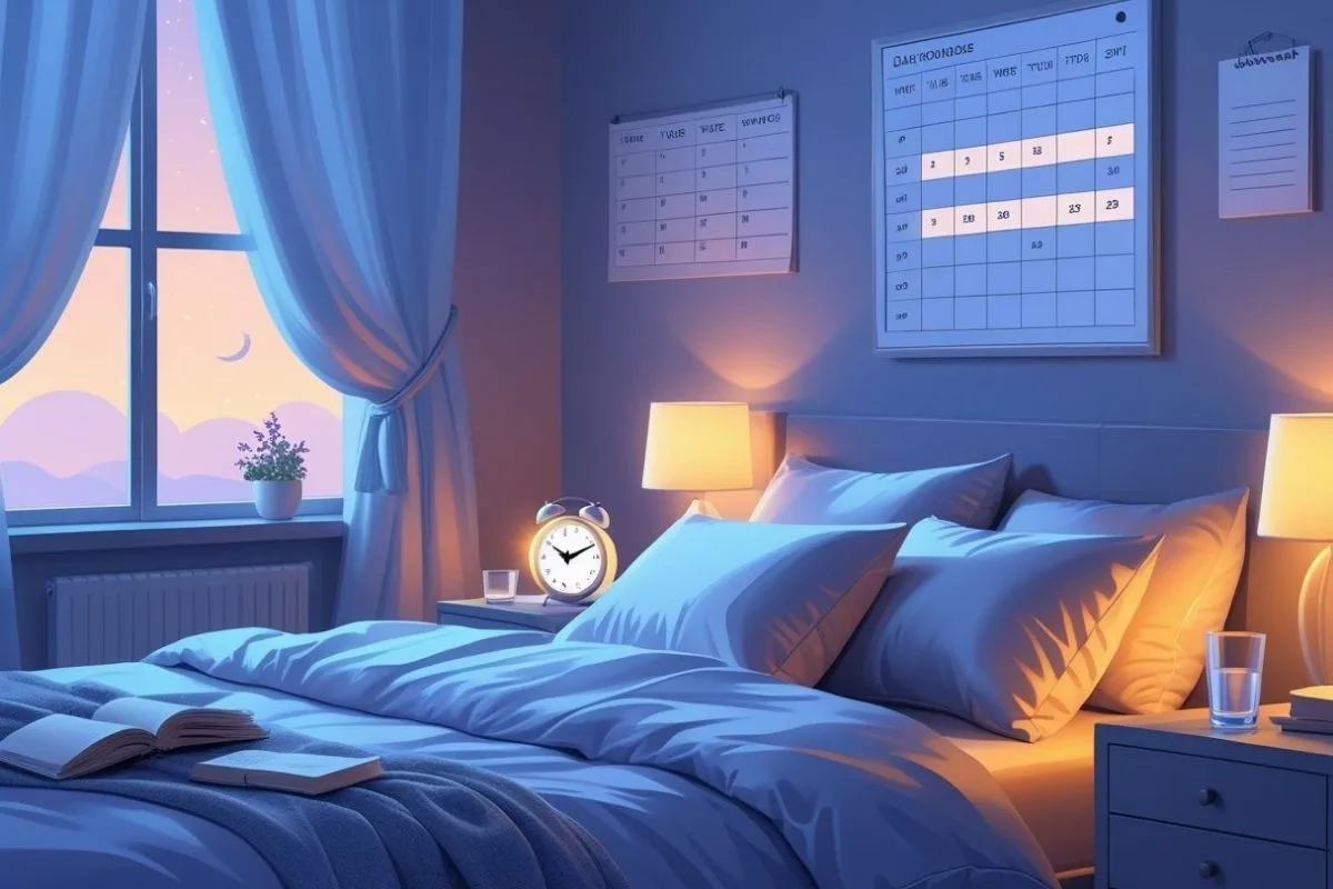 How to Fix Your Sleep Schedule: Effective Strategies for Better Rest Organized sleep environment with a calendar and bedtime routine cues, illustrating the benefits of sticking to a consistent sleep schedule