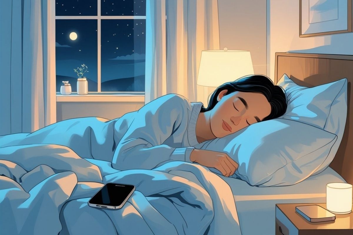 Person sleeping peacefully with a phone left nearby, illustrating the importance of reducing screen exposure before bed to improve sleep quality