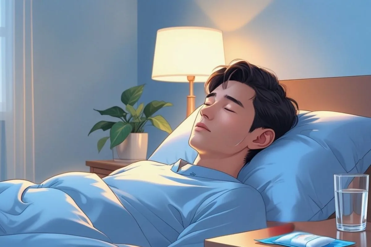 Patient resting in bed with supportive pillows and water nearby, illustrating a comfortable sleep setup during wisdom teeth recovery