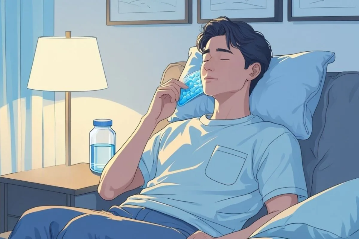 Person applying a cold compress to the jaw before bed, showing a common method for reducing swelling and discomfort after wisdom teeth removal
