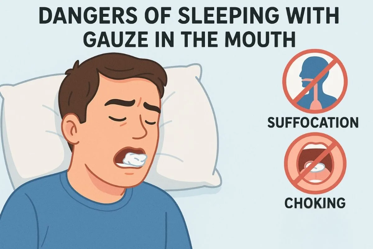 Illustration warning against sleeping with gauze in the mouth, highlighting choking and suffocation risks during wisdom teeth recovery