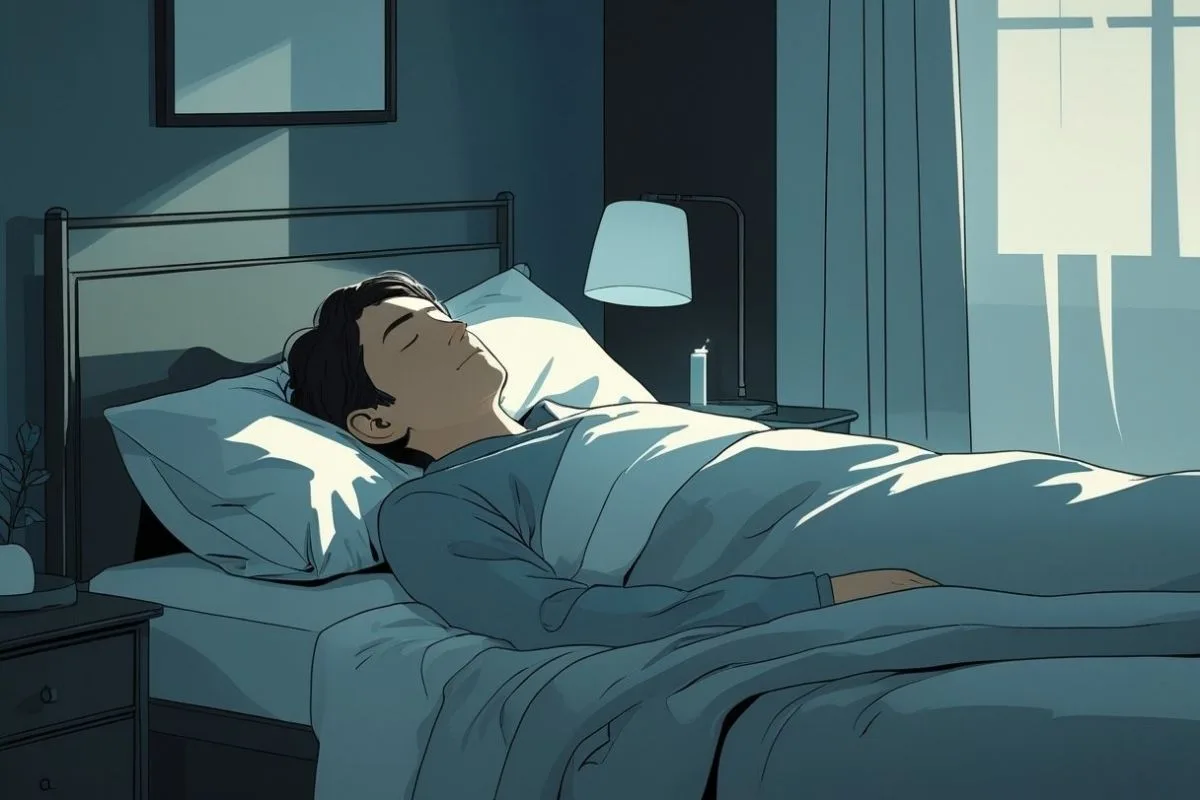Patient sleeping peacefully in a dark bedroom, representing healthy sleep habits that support healing after wisdom teeth extraction