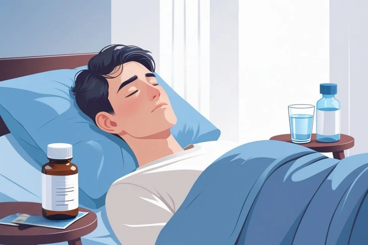 Recovering patient resting in bed with prescribed medications and water nearby, emphasizing proper pain management before sleep after oral surgery