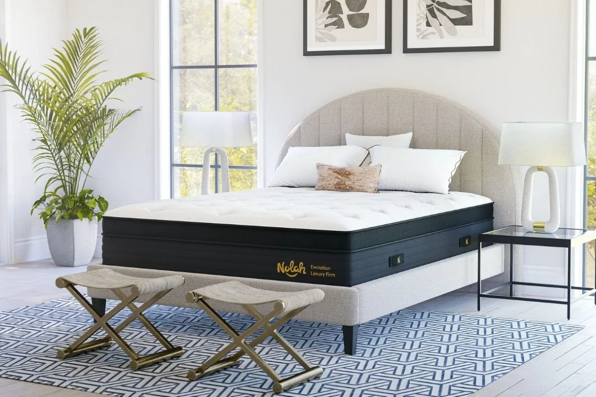 Nolah Evolution mattress in a bright bedroom, showcasing a supportive sleep surface that may improve comfort during wisdom teeth recovery