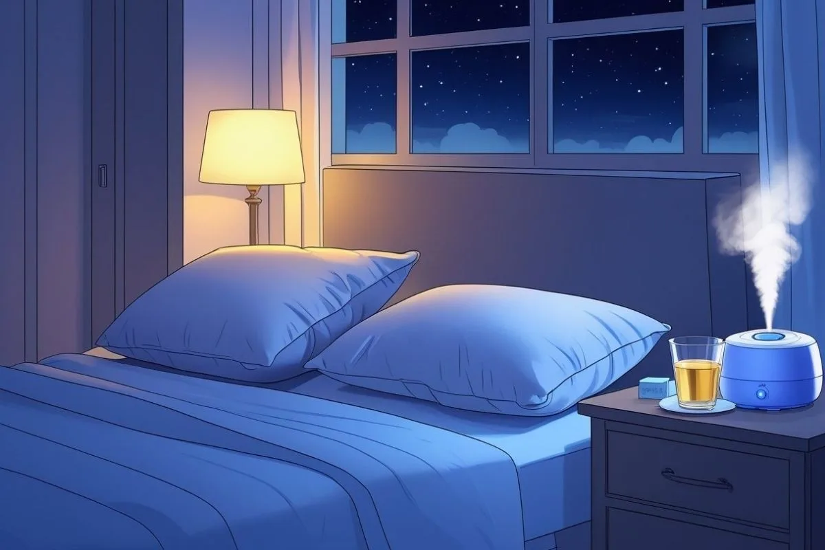 How to Sleep with Ear Infection: Simple and Effective Solutions Humidifier beside the bed creating moist air to help reduce congestion and improve sleep with an ear infection