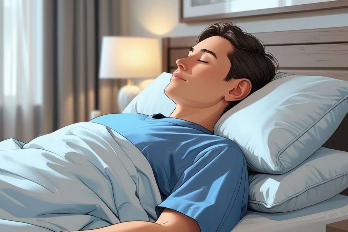 Person sleeping with head elevated on two pillows to reduce ear pressure and ease ear infection pain