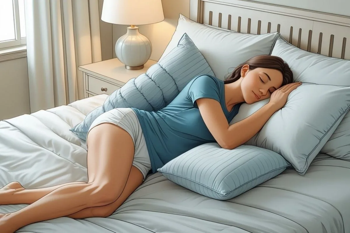 How to Sleep with Hemorrhoids: Expert Tips for Nighttime Relief Side sleeper supported by multiple pillows to promote proper alignment and reduce pressure on sensitive areas affected by hemorrhoids