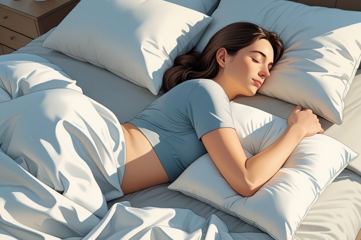 Side sleeper using pillows for support, demonstrating a comfortable sleep position that may help reduce hemorrhoid-related pressure and discomfort at night