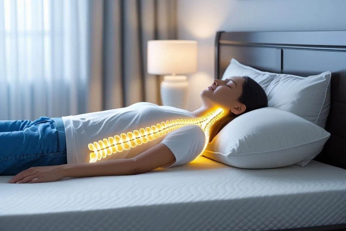 Person sleeping on their back with proper spinal alignment to reduce herniated disc pain during sleep