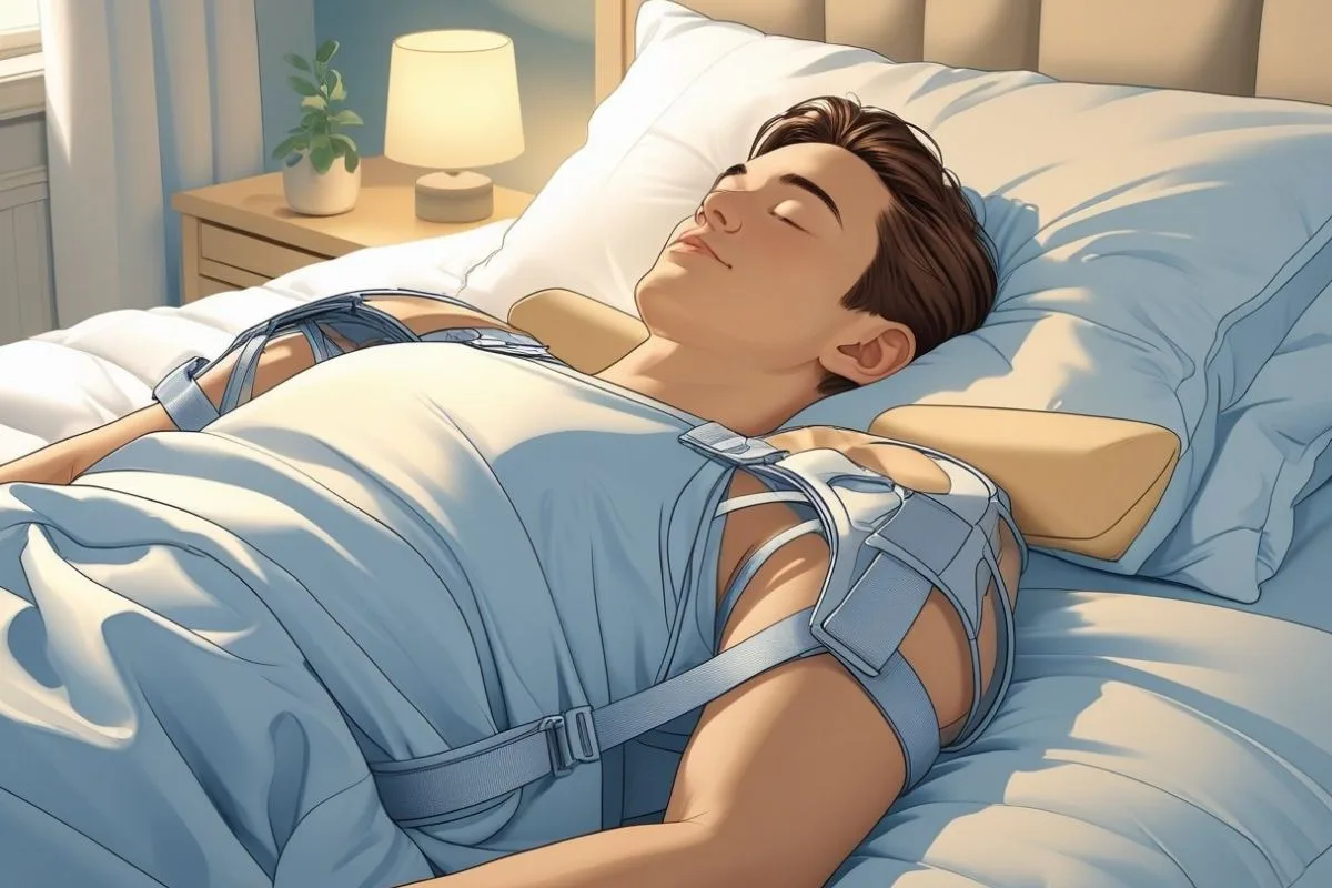 Person sleeping with a shoulder support brace to stabilize the joint overnight