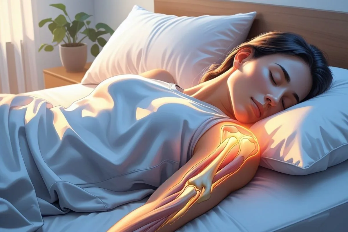 Side sleeper using proper shoulder support to reduce shoulder pain while sleeping