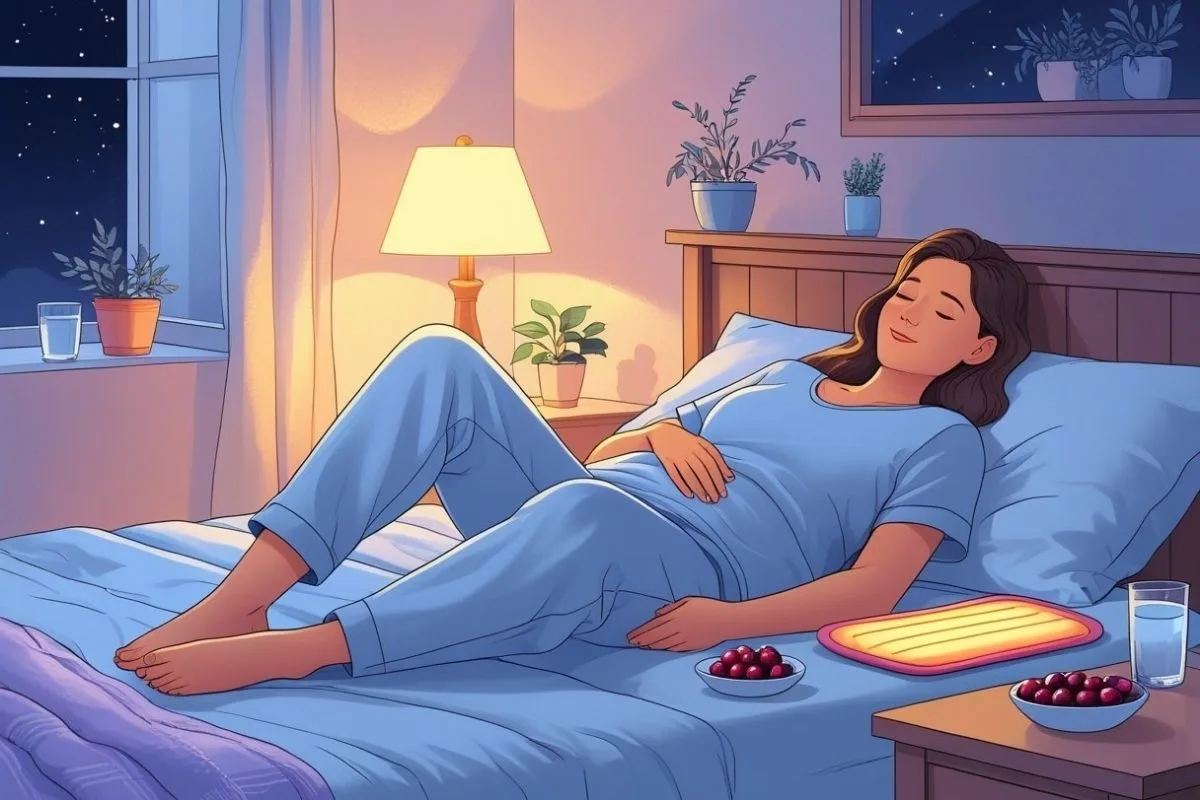 How to Sleep with UTI Discomfort: Effective Nighttime Relief Tips Woman relaxing in bed with a heating pad and hydration to help ease uti discomfort before sleep