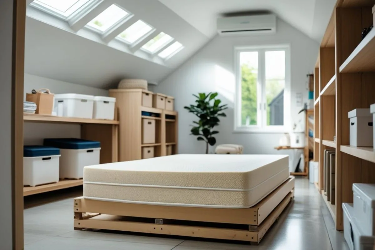 How to Store a Latex Mattress? Latex mattress stored flat on a sturdy platform in a clean, dry storage room to maintain its shape