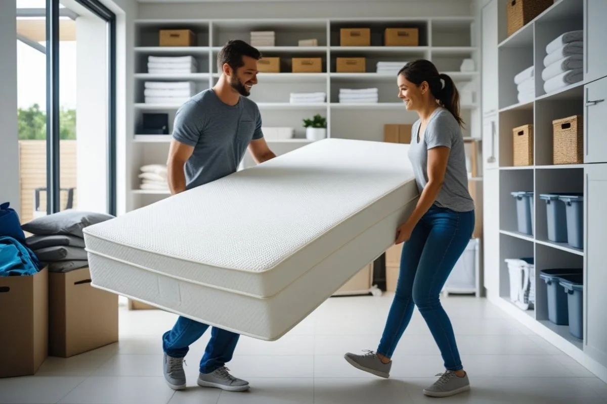 How to Store a Latex Mattress? Two people safely carrying a latex mattress to a storage area using proper lifting techniques