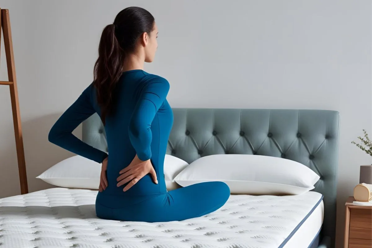 Hybrid or Memory Foam Mattress for Back Pain: Which Is Better? Person sitting on a mattress and assessing comfort levels, illustrating how mattress support can affect lower back pain and pressure relief