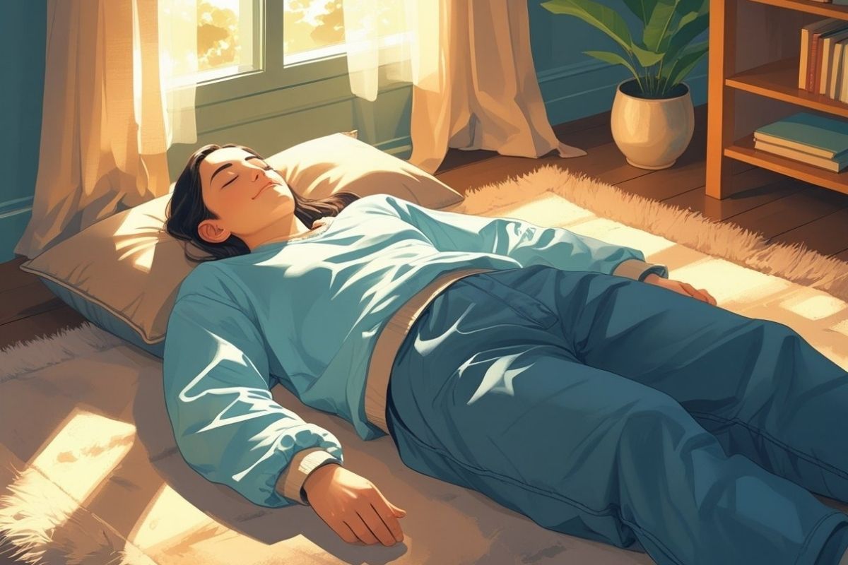 Person resting on the floor with a pillow in a sunlit room, illustrating the practice of floor sleeping and its potential comfort benefits