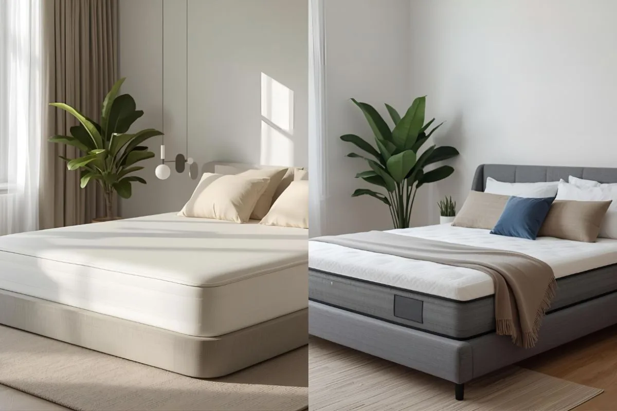 Latex mattress and latex hybrid mattress displayed side by side to compare their construction and design