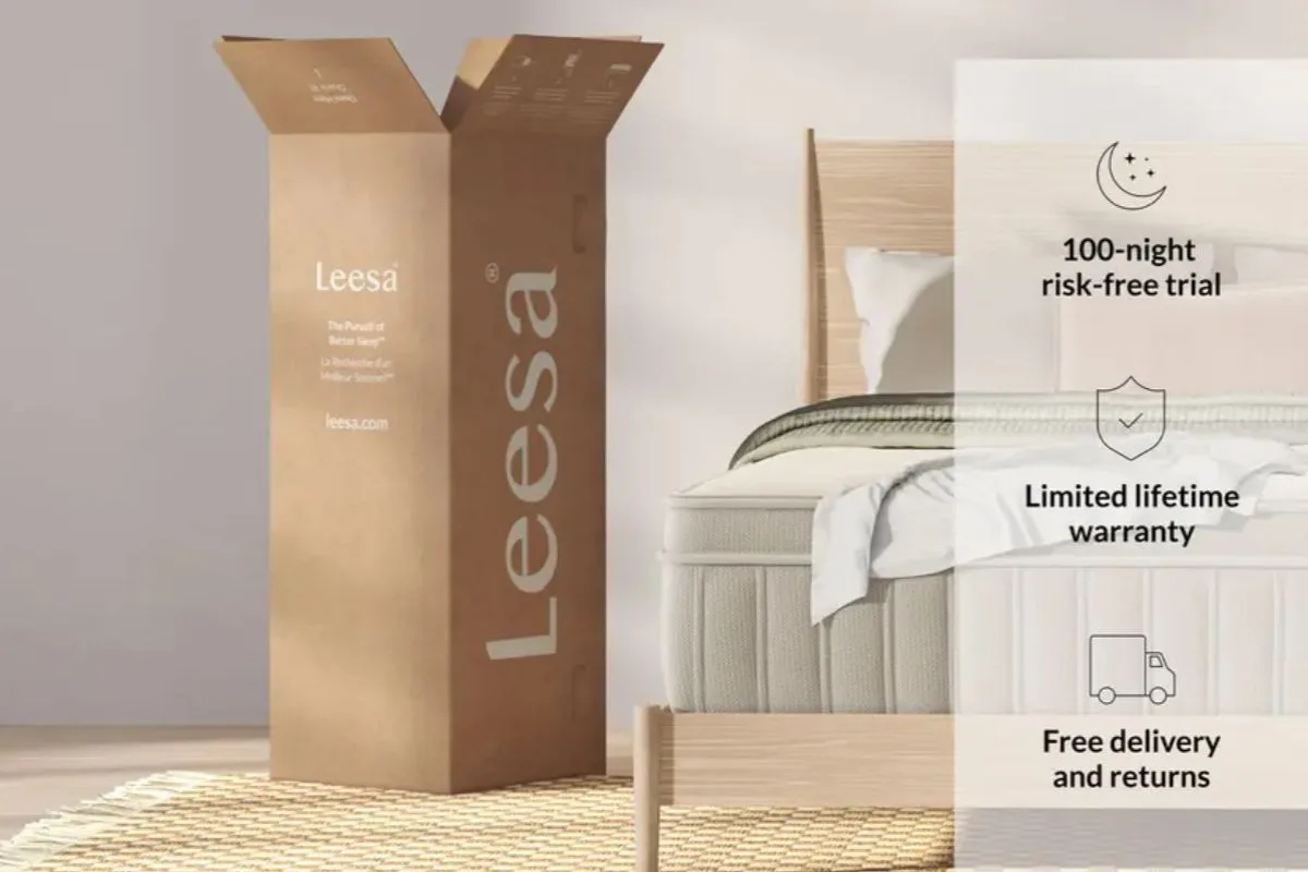 Leesa Natural Hybrid mattress with trial period, warranty, and free delivery information highlighting warranty coverage benefits