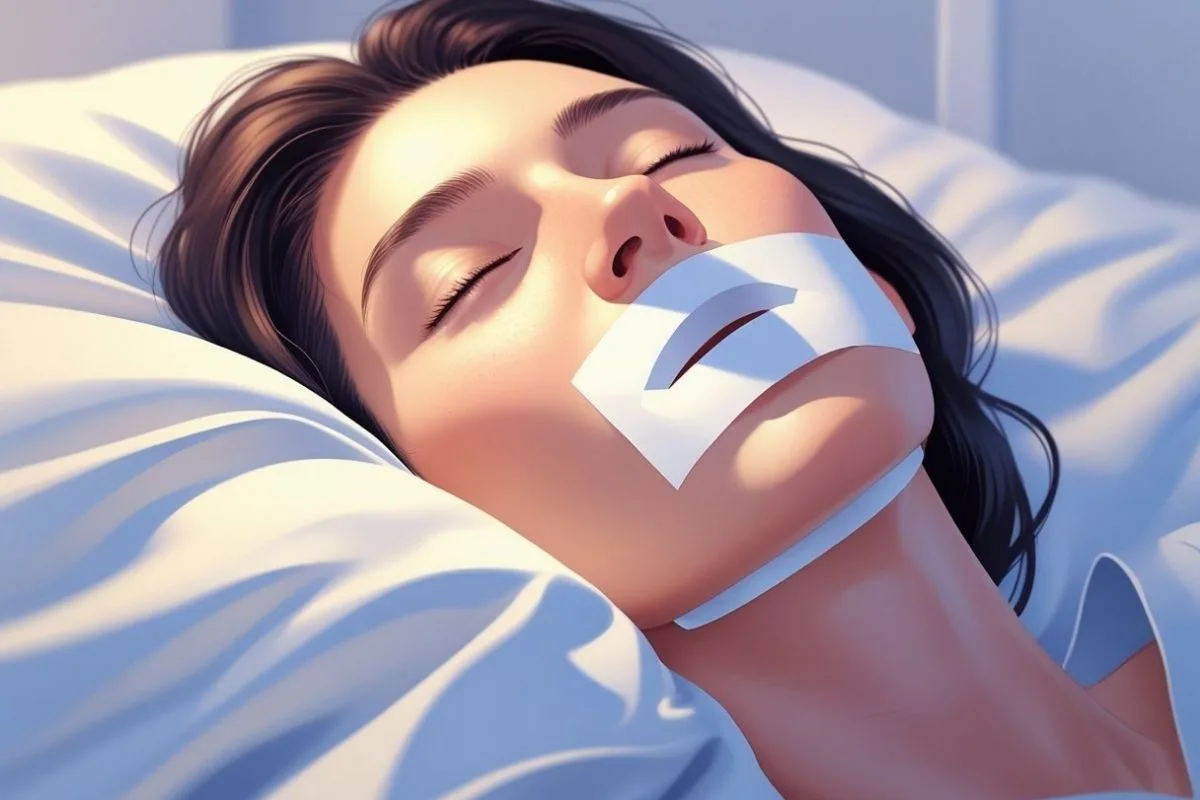 Sleeper using specialized mouth tape overnight, demonstrating how mouth taping may help reduce mouth breathing and dry mouth during sleep