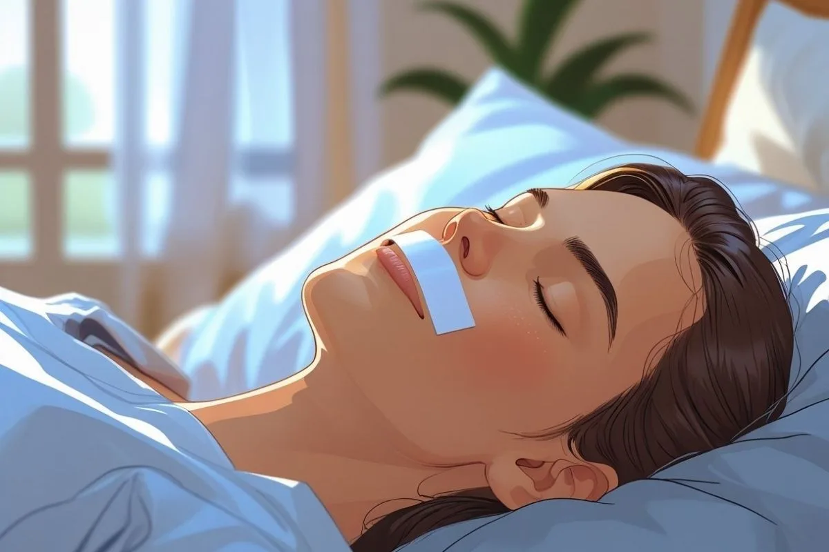 Person sleeping with mouth tape in a comfortable bedroom setting, representing the practice of promoting nasal breathing while sleeping
