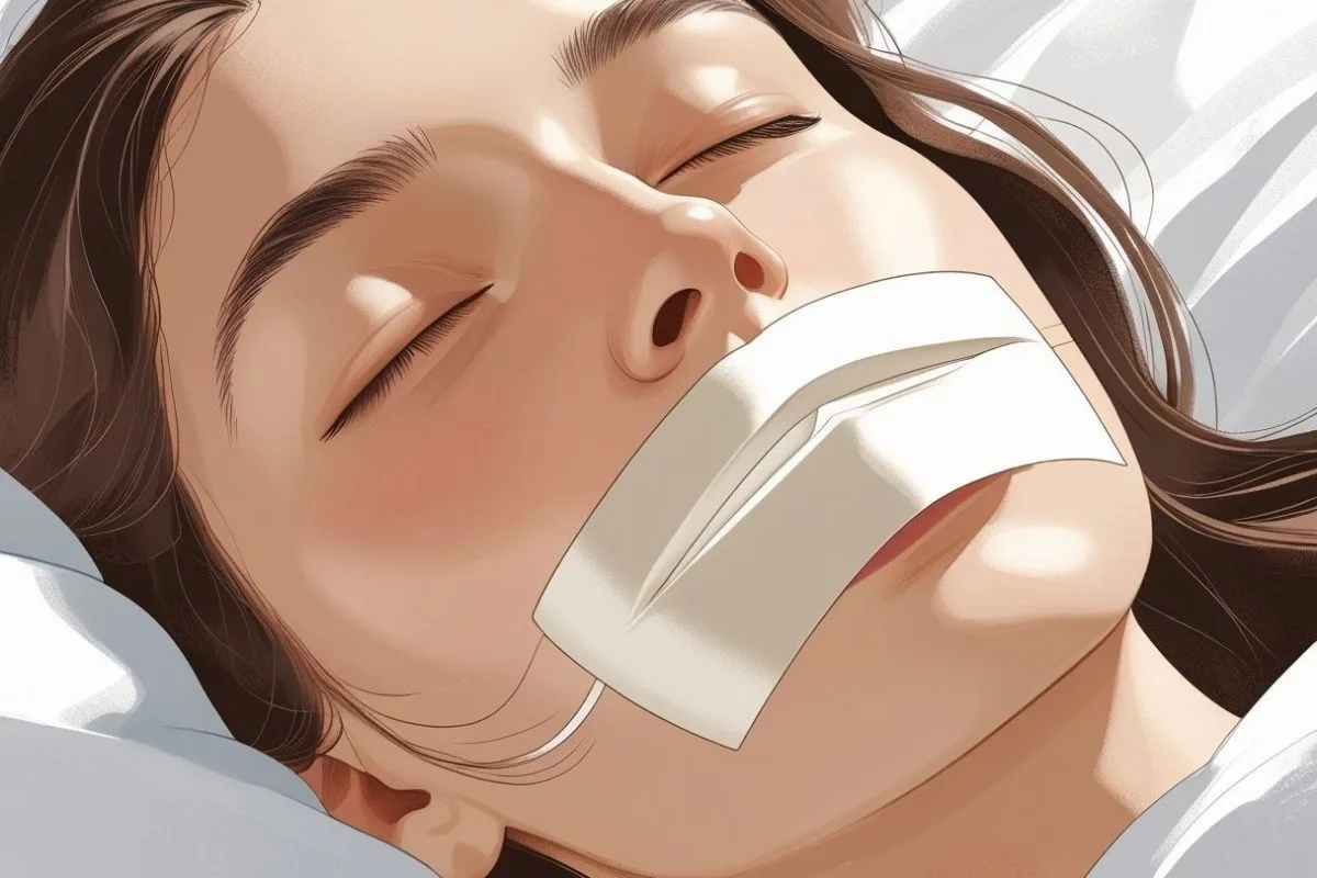 Close-up of mouth tape placement over the lips during sleep, showing a popular method used to support nasal breathing habits