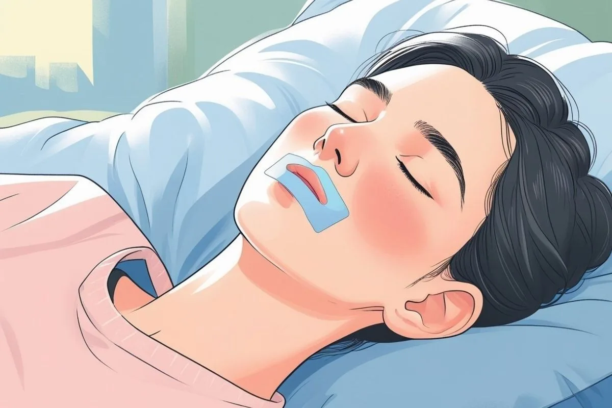Individual resting with mouth tape applied, illustrating one approach people use to address nighttime mouth breathing and snoring concerns