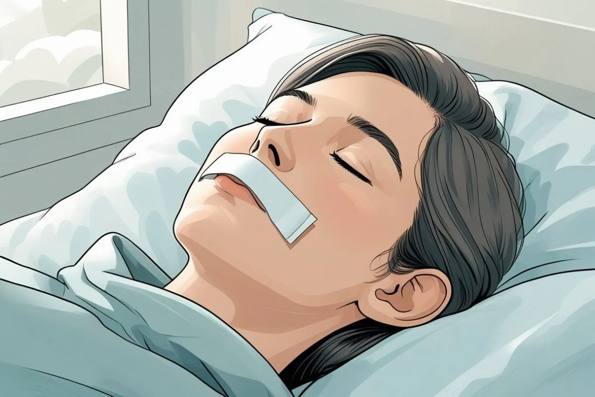 Sleeper wearing mouth tape while resting, highlighting a sleep strategy often discussed for improving breathing patterns and sleep quality