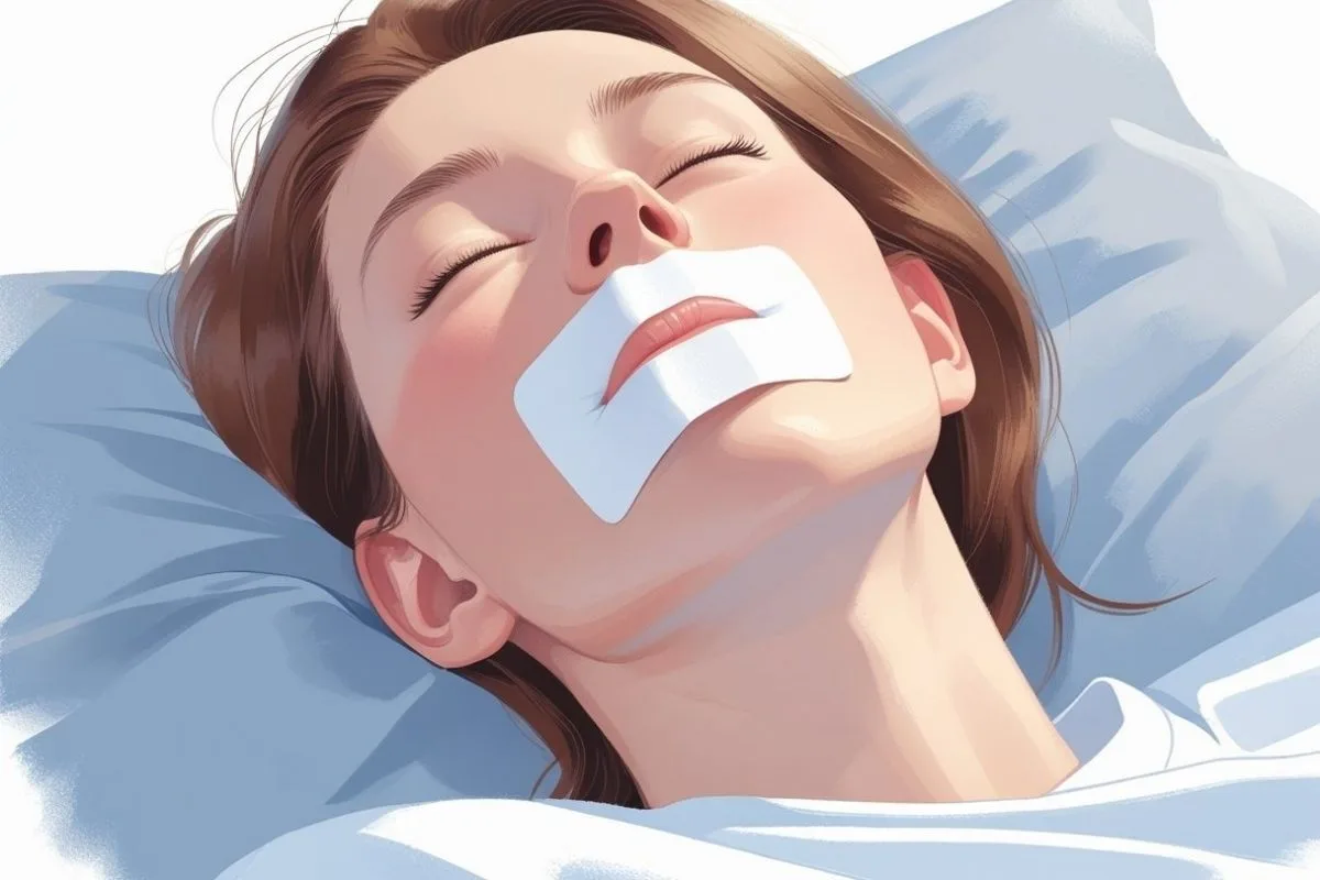 Woman sleeping with mouth tape across her lips, demonstrating safe mouth tape positioning commonly used for nighttime nasal breathing
